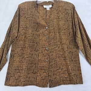 Silk Studio‎ Claude Bennett Blouse Womens 6 Button Up Brown Abstract Silk Top